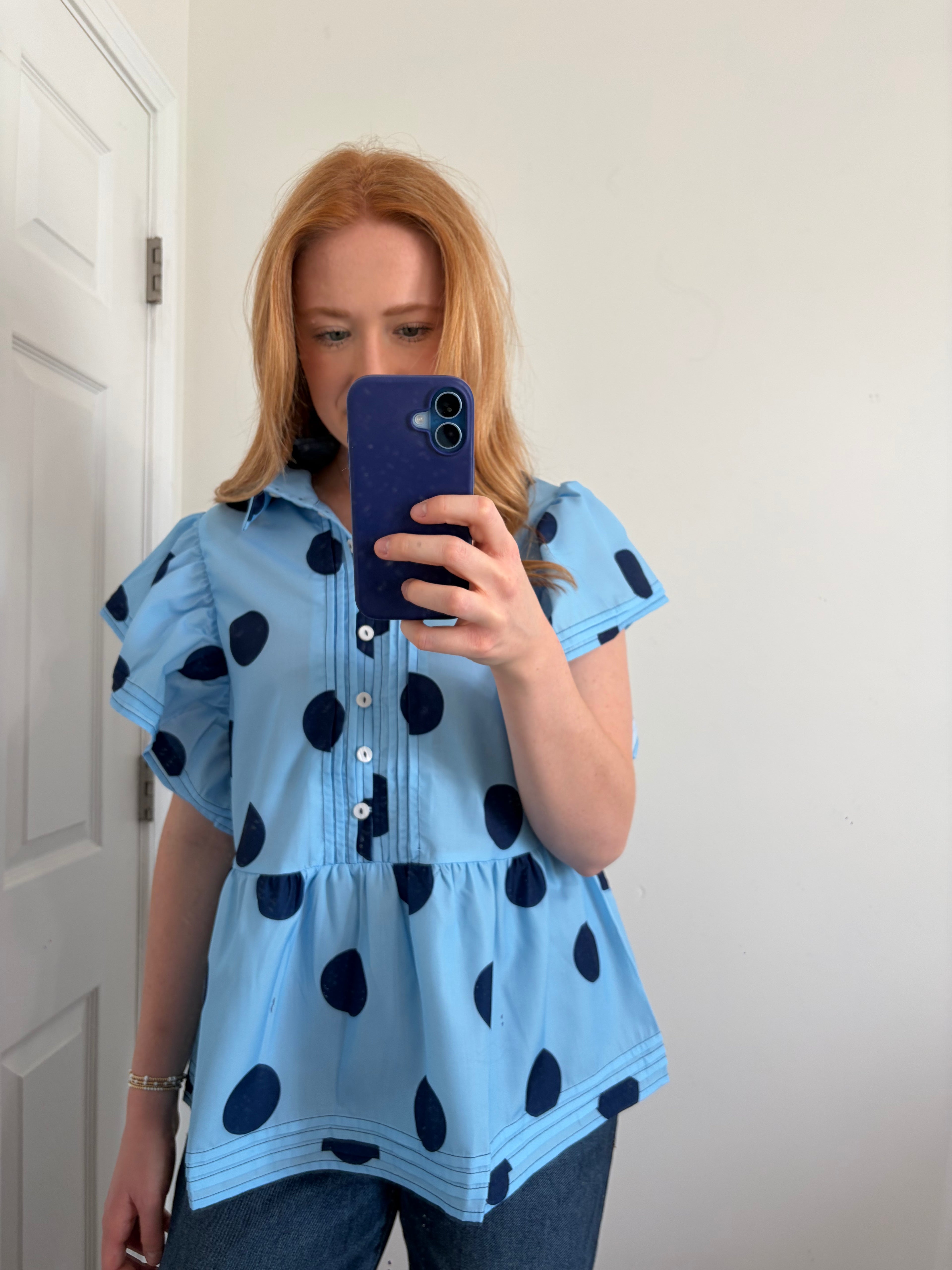 Blue + Navy Polka Dot Top